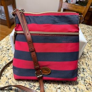 Dooney & Bourke Navy and Red Stripe Crossbody with Leather Trim